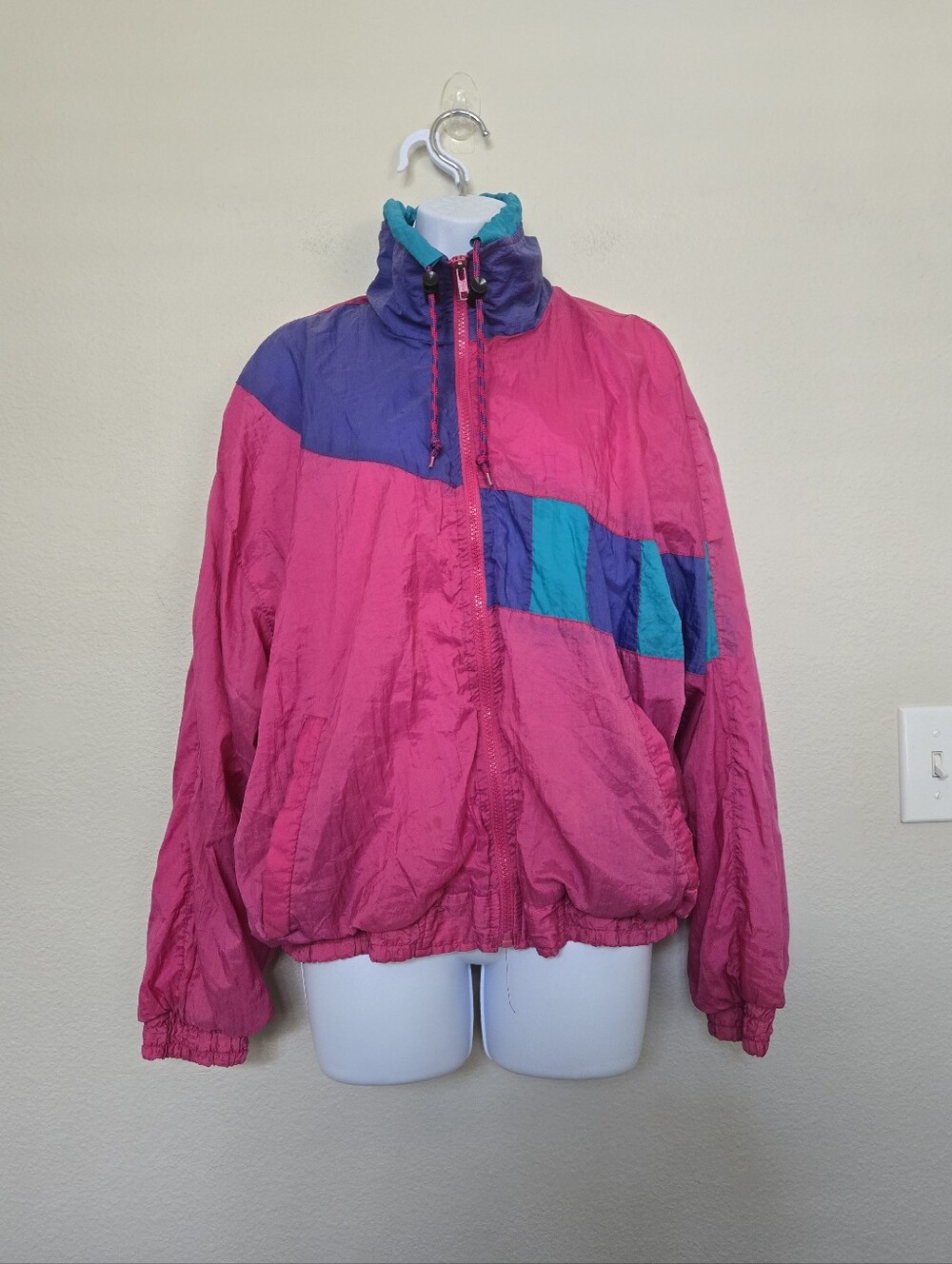 Vintage 80s 90s Nylon Windbreaker Jacket Pink Purple Teal Medium Retro Sporty